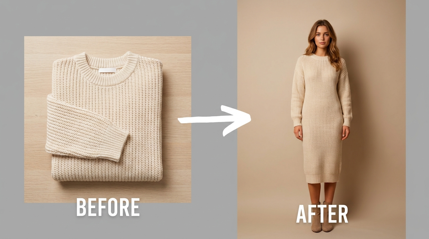 Before/after pair: a flat-lay knit dress on the left with an arrow pointing to the finished AI-generated model shot on the right, in a neutral studio setting.
